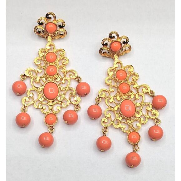 Kenneth Jay Lane KJL Couture Chandelier Statement Runway Orange Gold Earrings - Picture 4 of 9